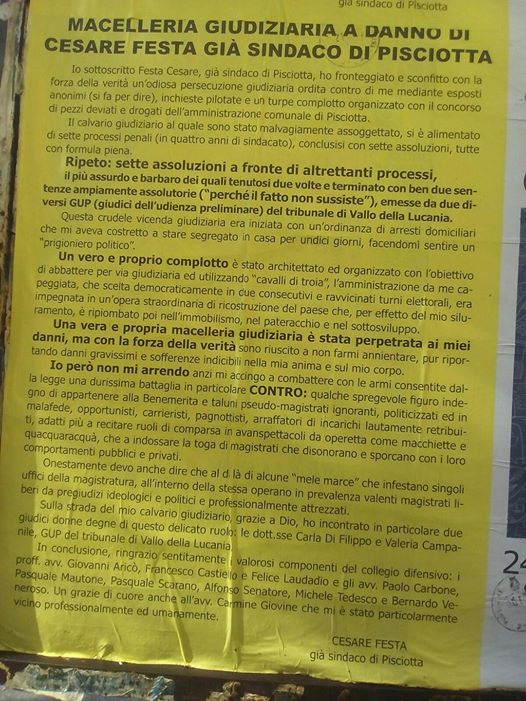 Sette processi e sette assoluzioni: «Macelleria giudiziaria a danno di Cesare Festa già sindaco di Pisciotta»