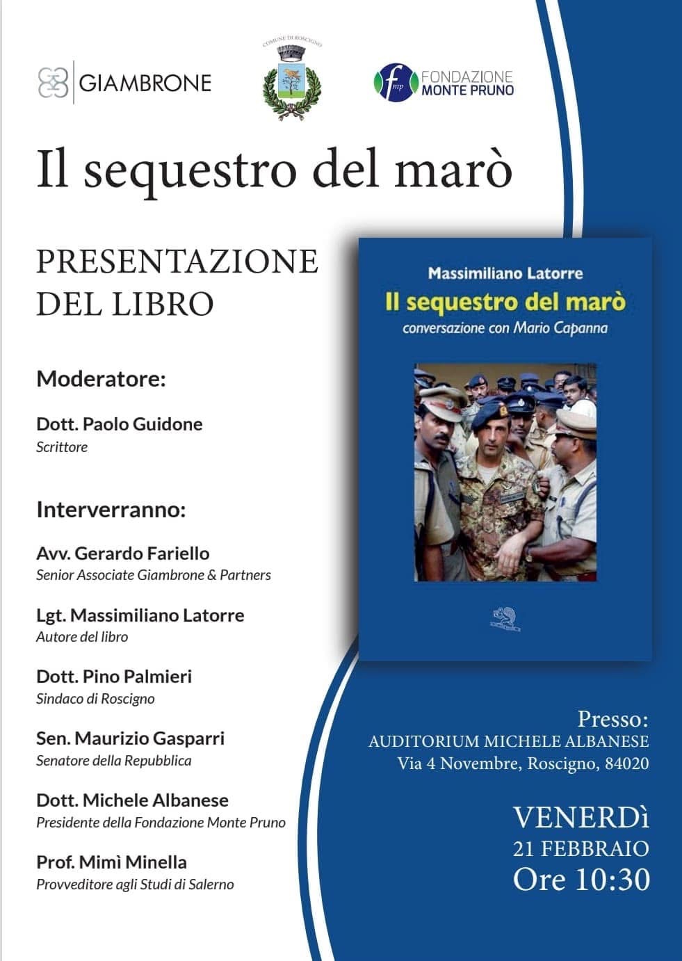 A Roscigno la presentazione del libro ‘Il sequestro del Marò’ con Massimiliano Latorre