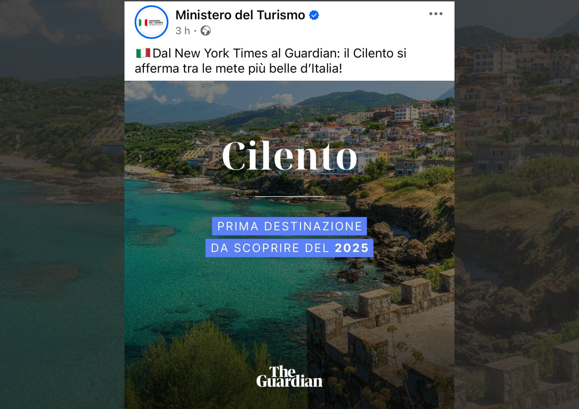 Il ministero del Turismo sui social celebra il Cilento dopo il Guardian