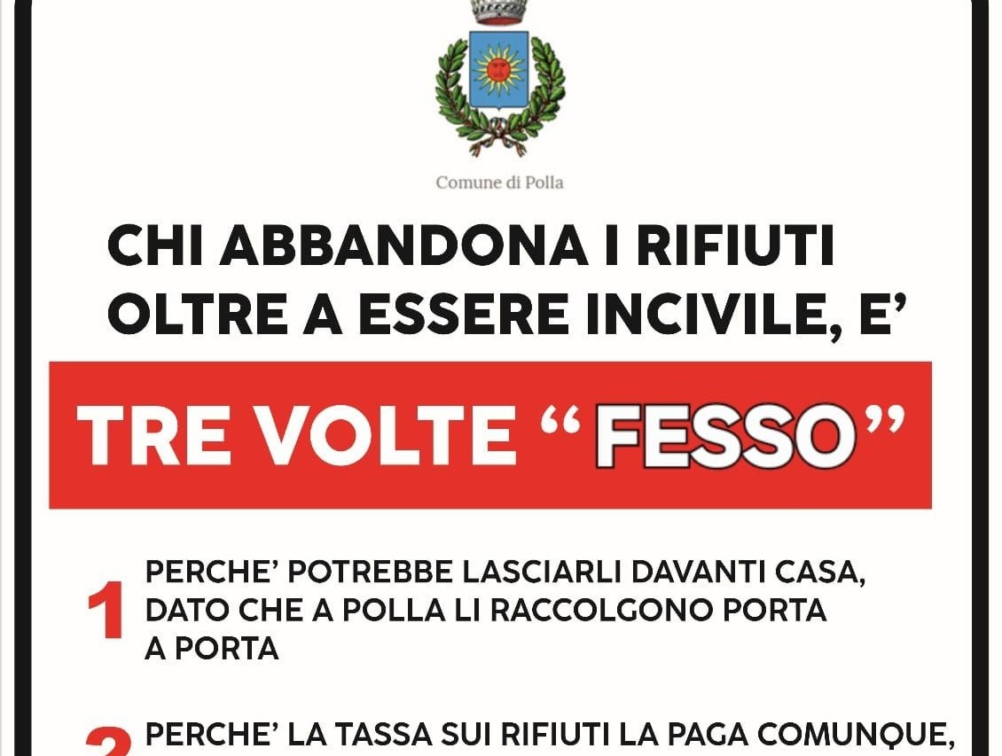 Polla, il cartello contro gli incivili: «Chi abbandona rifiuti è tre volte fesso»